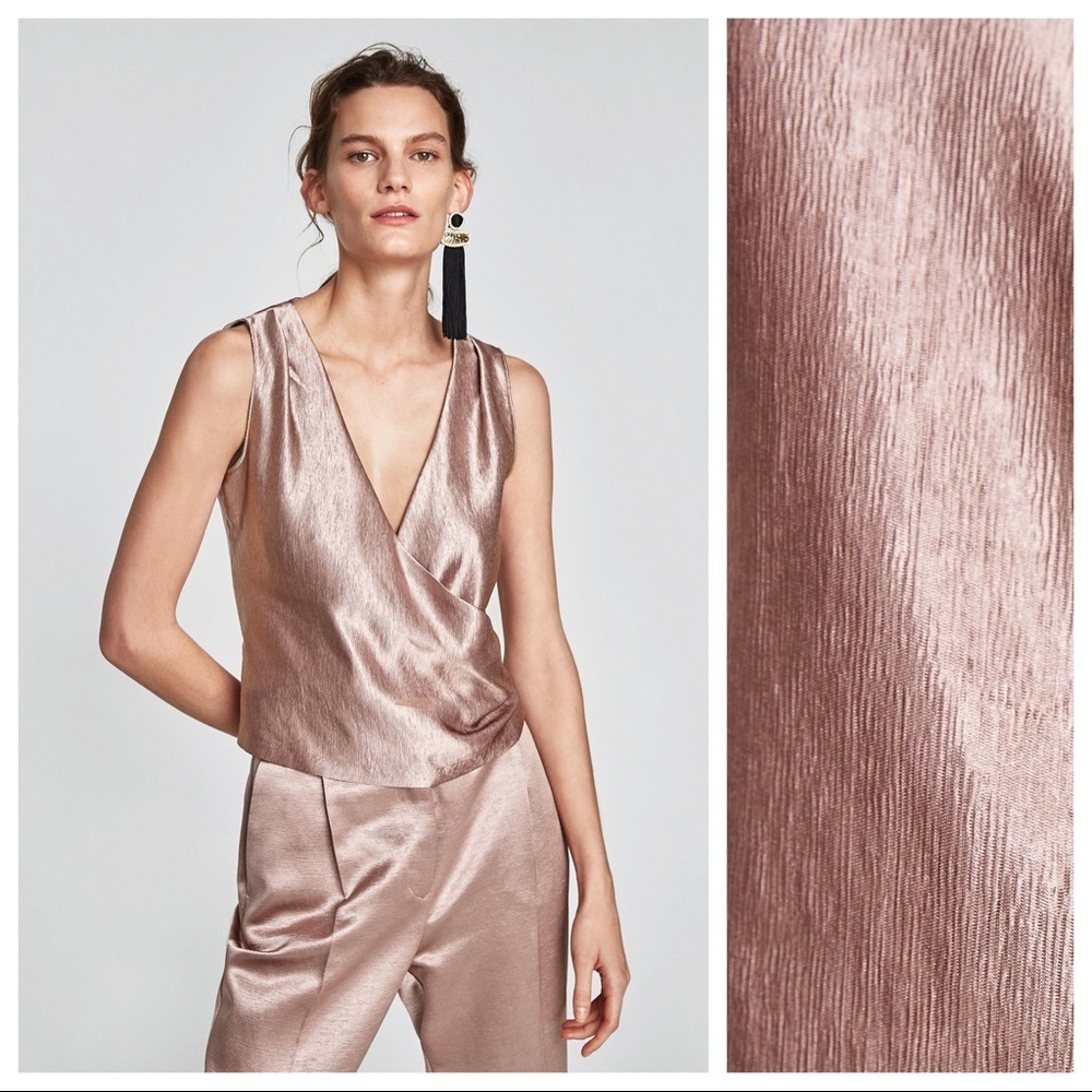 Zara Metallic Rose Gold Sleeveless Wrap-Front Top